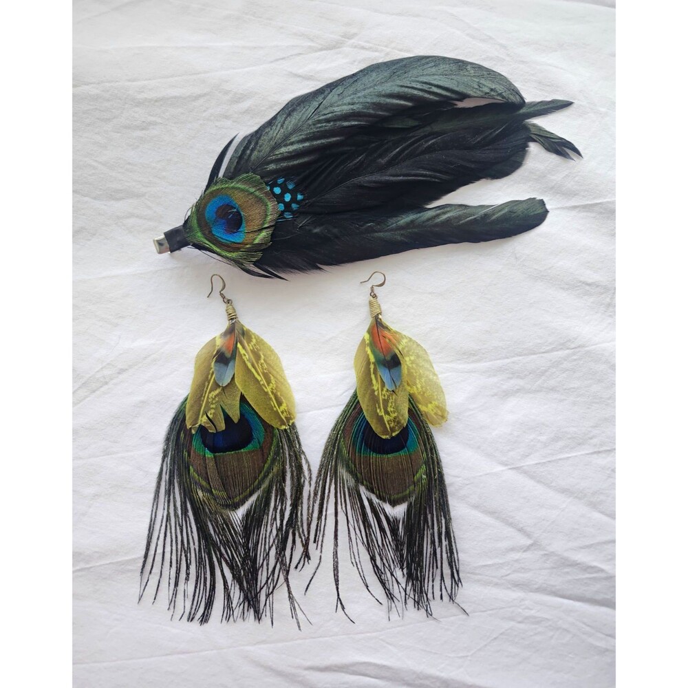Boho Peacock Feather Hair Clip & Dangle Earrings Set Artisan Bohemian Festival